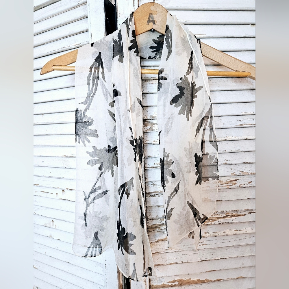 Vintage 1950s Sheer Black and White Floral Rectangular Silk Scarf